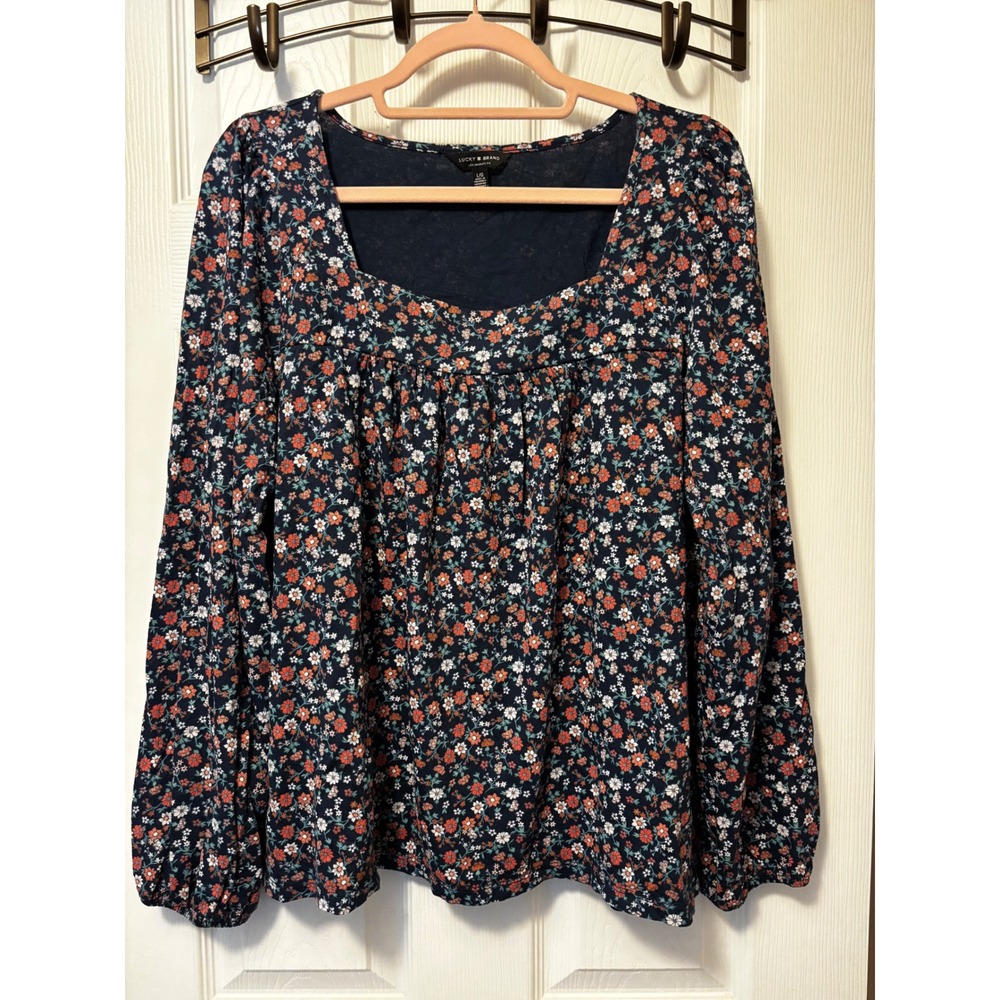 Lucky Brand Navy Floral Square Neck Long Sleeve Empire Waist Blouse‎ Large